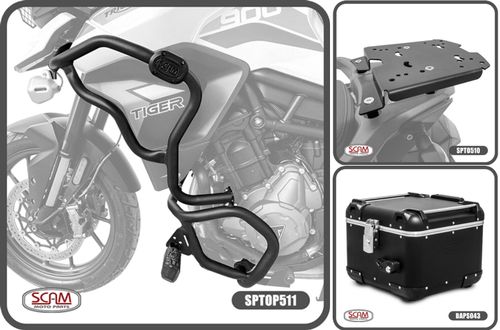 Combo Protetor Motor Scam + Suporte Traseiro + Baú Aluminio Preto Tiger 900